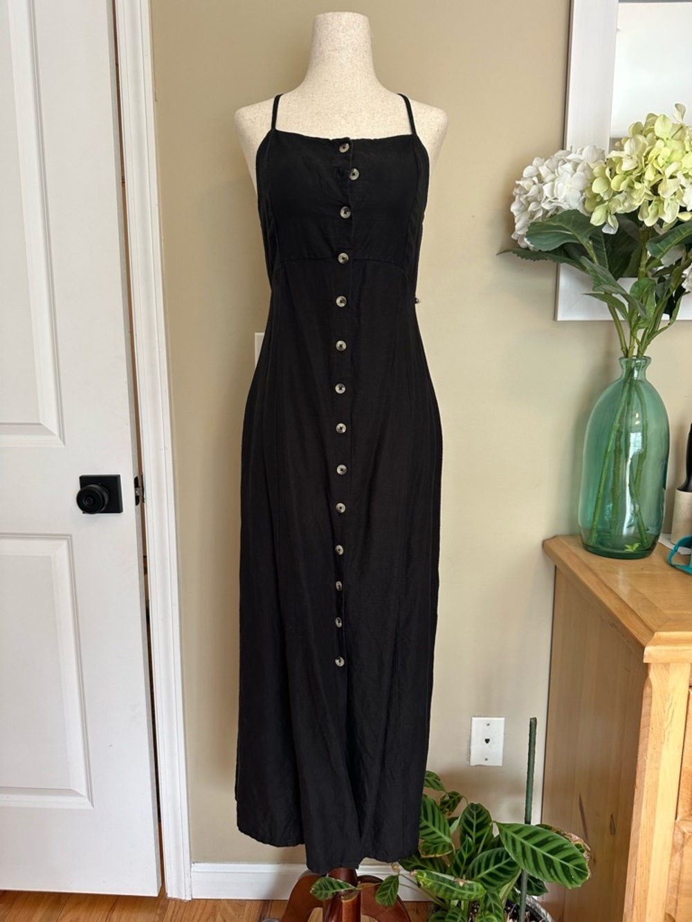 Amuse Society Sahara Woven Linen Blend Maxi Dress Black Halter Top Size Small